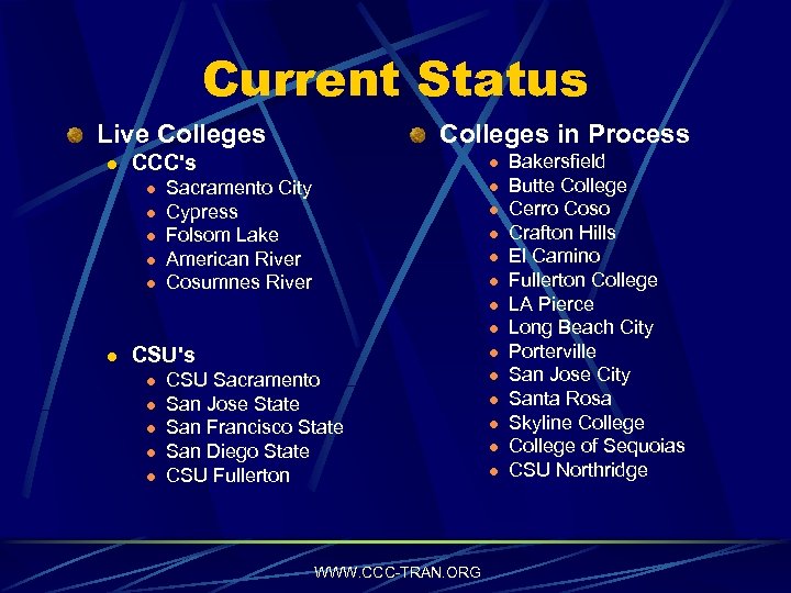 Current Status Live Colleges l Colleges in Process CCC's l l l Sacramento City