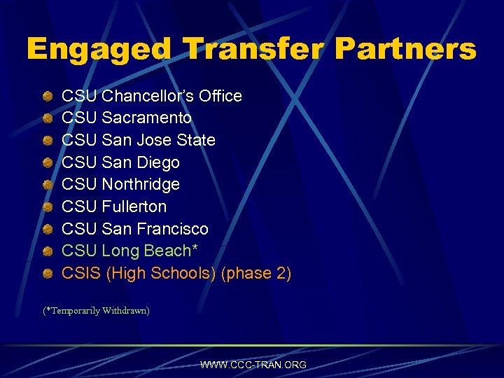 Engaged Transfer Partners CSU Chancellor’s Office CSU Sacramento CSU San Jose State CSU San