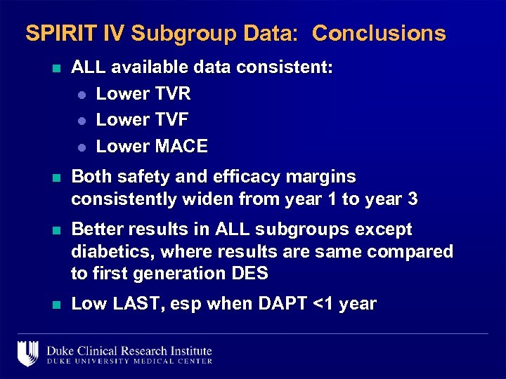 SPIRIT IV Subgroup Data: Conclusions n ALL available data consistent: l Lower TVR l