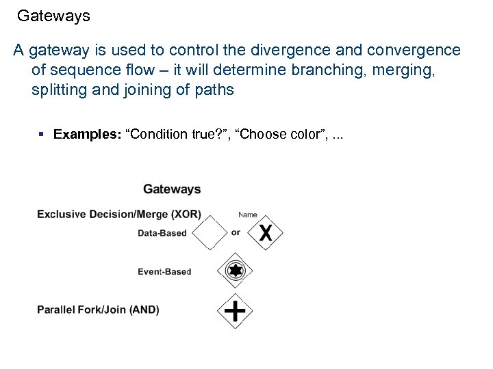 Gateways A gateway is used to control the divergence and convergence of sequence flow