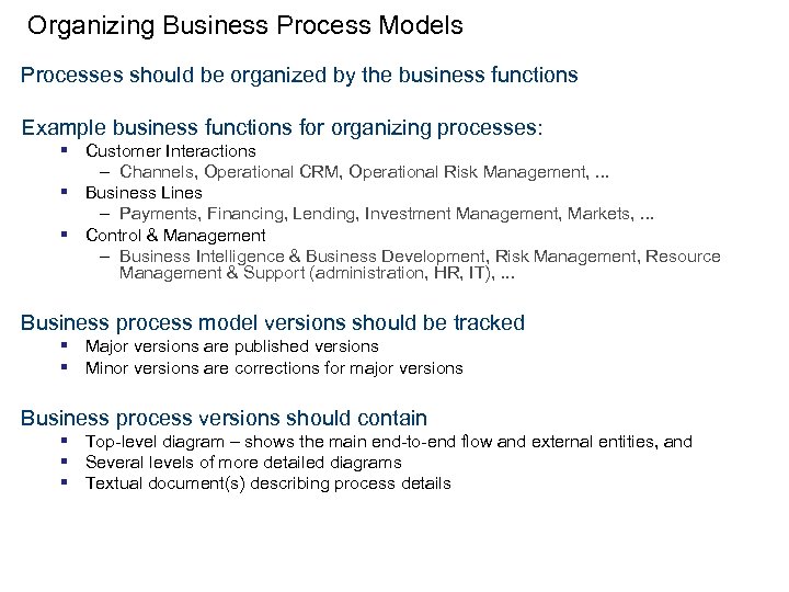 Organizing Business Process Models Processes should be organized by the business functions Example business