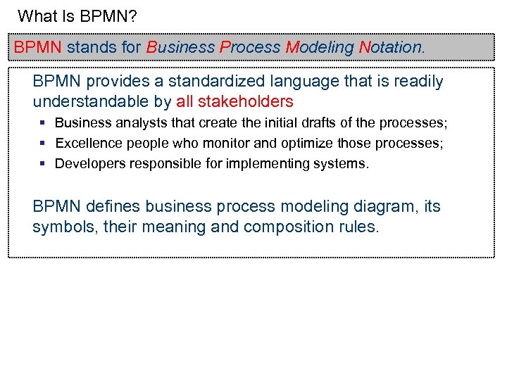 What Is BPMN? BPMN stands for Business Process Modeling Notation. BPMN provides a standardized
