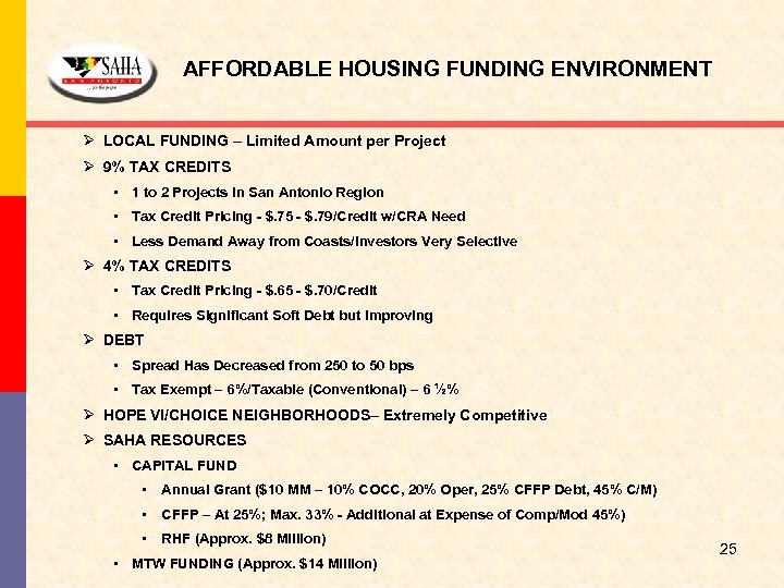 AFFORDABLE HOUSING FUNDING ENVIRONMENT Ø LOCAL FUNDING – Limited Amount per Project Ø 9%