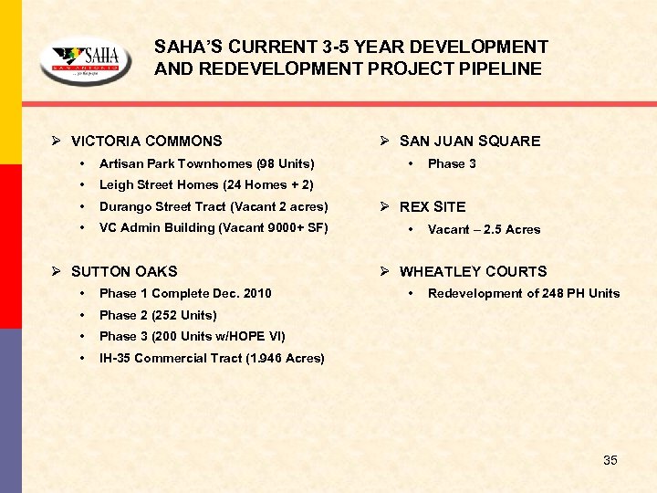 SAHA’S CURRENT 3 -5 YEAR DEVELOPMENT AND REDEVELOPMENT PROJECT PIPELINE Ø VICTORIA COMMONS •