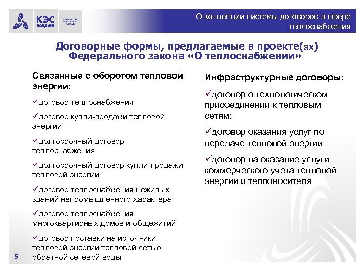 О концепции системы договоров в сфере теплоснабжения Договорные формы, предлагаемые в проекте(ах) Федерального закона