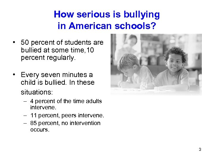 How serious is bullying in American schools? • 50 percent of students are bullied