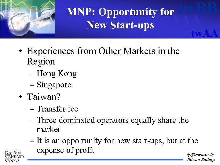 MNP: Opportunity for tw. BB tw. AAA New Start-ups tw. AA • Experiences from