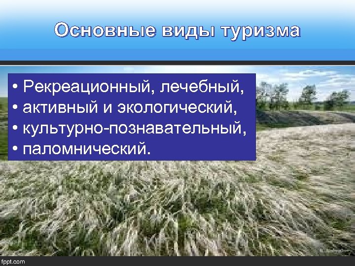 Основные виды туризма • Рекреационный, лечебный, • активный и экологический, • культурно-познавательный, • паломнический.