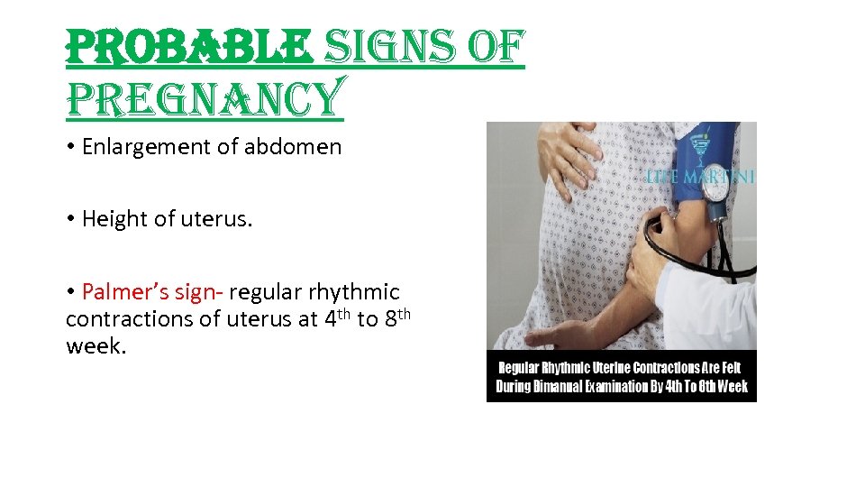 probable signs of pregnancy • Enlargement of abdomen • Height of uterus. • Palmer’s