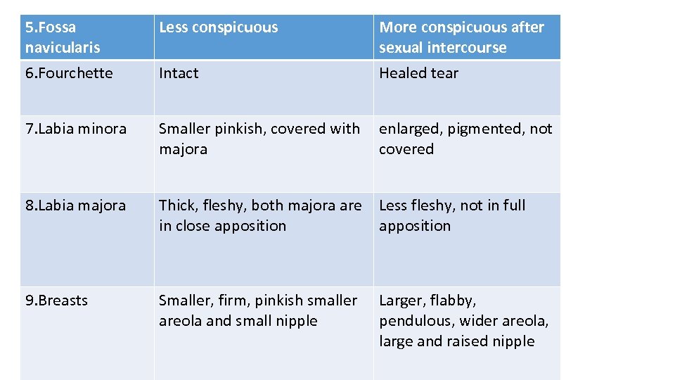 5. Fossa navicularis 6. Fourchette Less conspicuous Intact More conspicuous after sexual intercourse Healed
