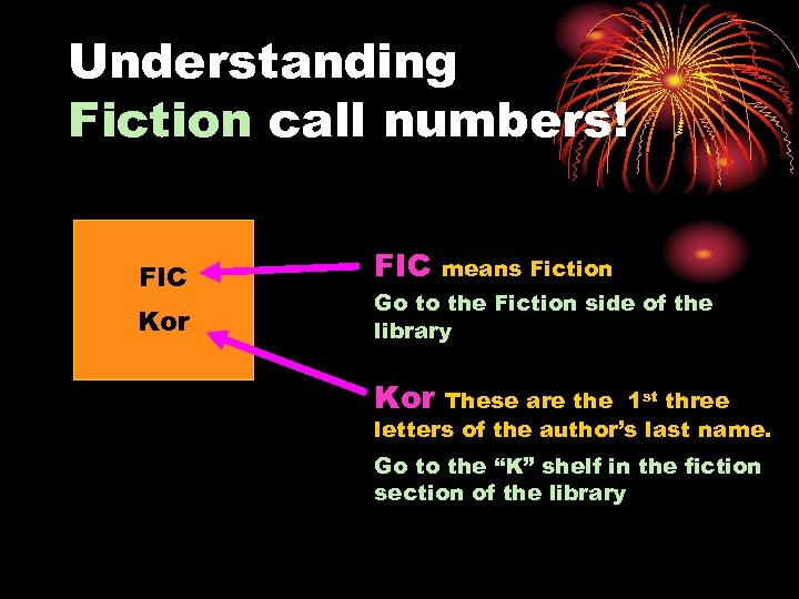 Understanding Fiction call numbers! FIC Kor FIC means Fiction Go to the Fiction side