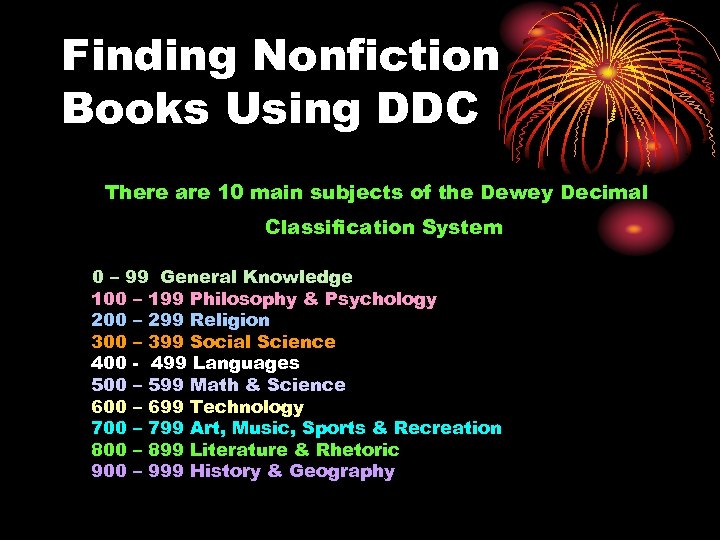 Finding Nonfiction Books Using DDC There are 10 main subjects of the Dewey Decimal