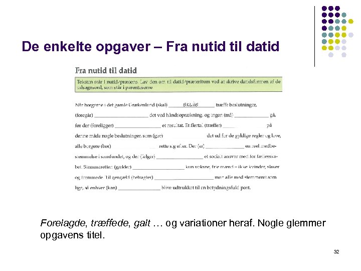 De enkelte opgaver – Fra nutid til datid Forelagde, træffede, galt … og variationer
