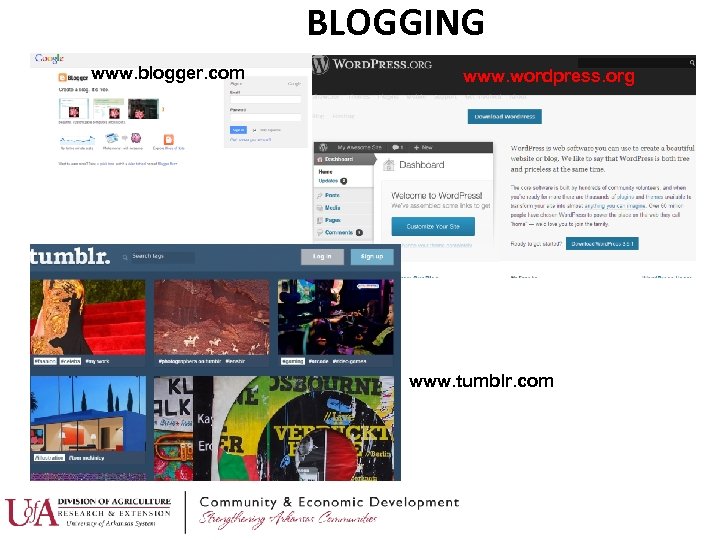 BLOGGING www. blogger. com www. wordpress. org www. tumblr. com 