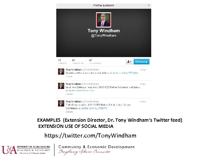 EXAMPLES (Extension Director, Dr. Tony Windham’s Twitter feed) EXTENSION USE OF SOCIAL MEDIA https: