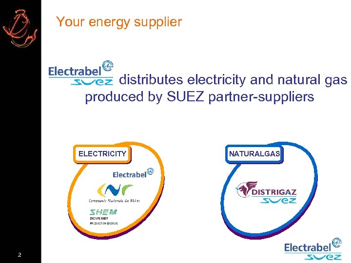 Your energy supplier distributes electricity and natural gas produced by SUEZ partner-suppliers ELECTRICITY 2