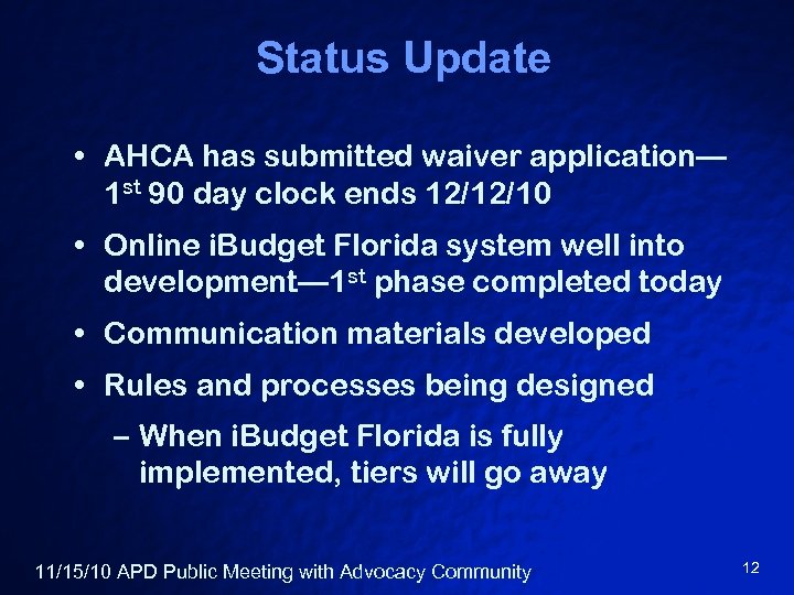 Status Update • AHCA has submitted waiver application— 1 st 90 day clock ends