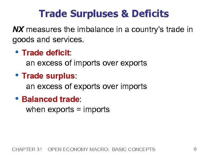 Trade Surpluses & Deficits NX measures the imbalance in a country’s trade in goods
