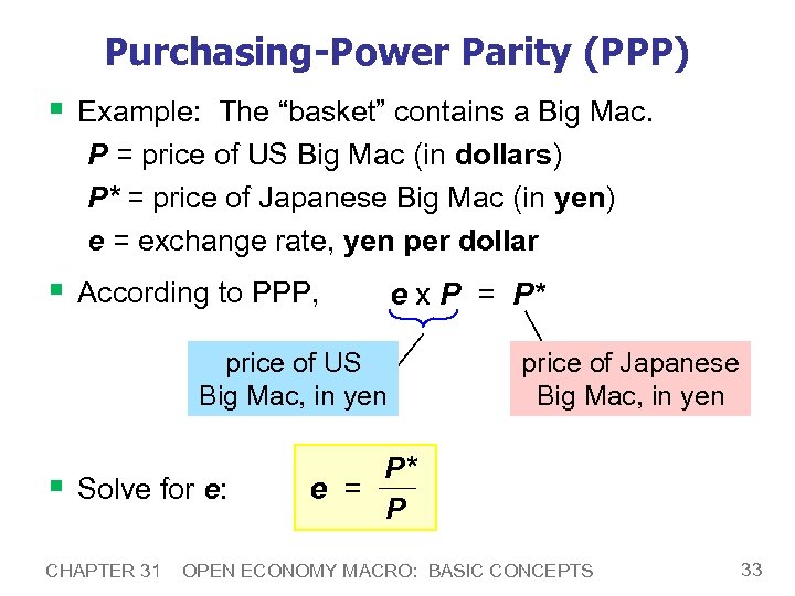 Purchasing-Power Parity (PPP) § Example: The “basket” contains a Big Mac. P = price