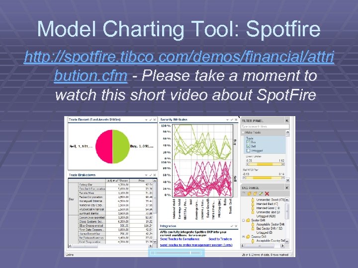 Model Charting Tool: Spotfire http: //spotfire. tibco. com/demos/financial/attri bution. cfm - Please take a
