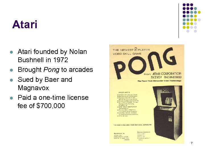 Atari l l Atari founded by Nolan Bushnell in 1972 Brought Pong to arcades