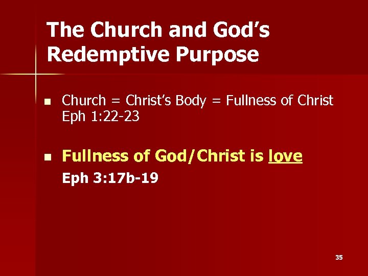 The Church and God’s Redemptive Purpose n n Church = Christ’s Body = Fullness