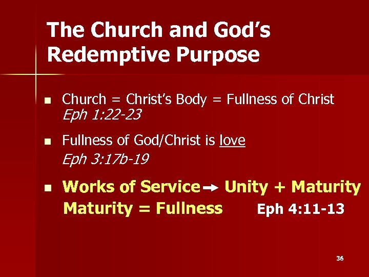 The Church and God’s Redemptive Purpose n Church = Christ’s Body = Fullness of