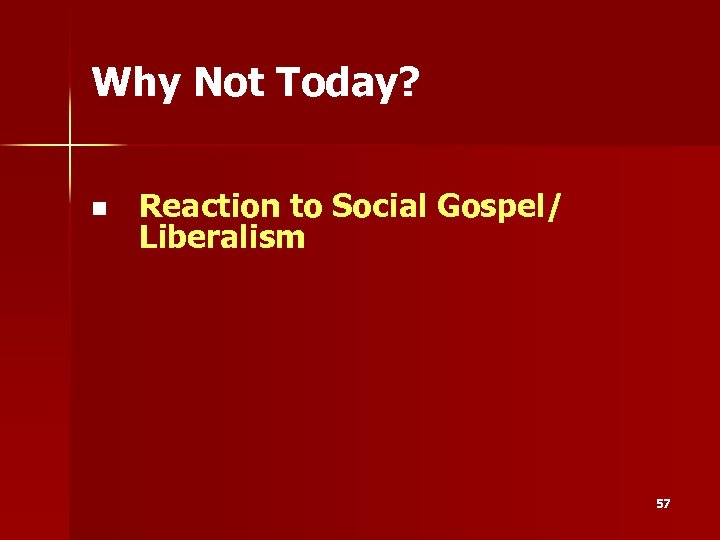 Why Not Today? n Reaction to Social Gospel/ Liberalism 57 