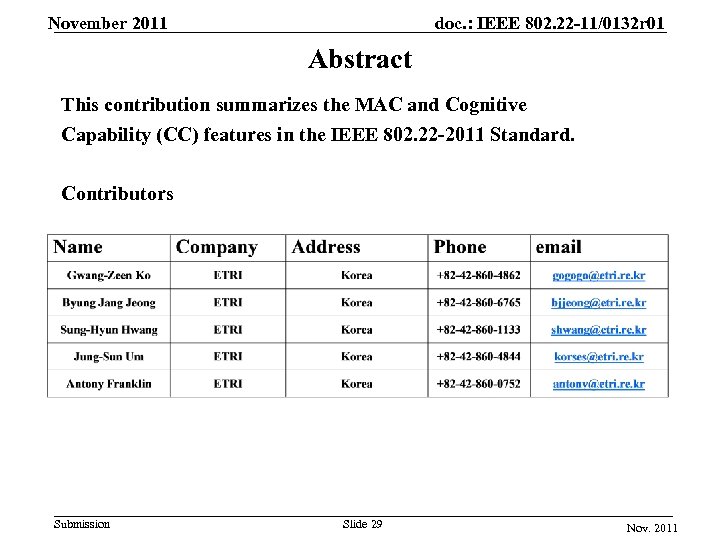 November 2011 doc. : IEEE 802. 22 -11/0132 r 01 Abstract This contribution summarizes
