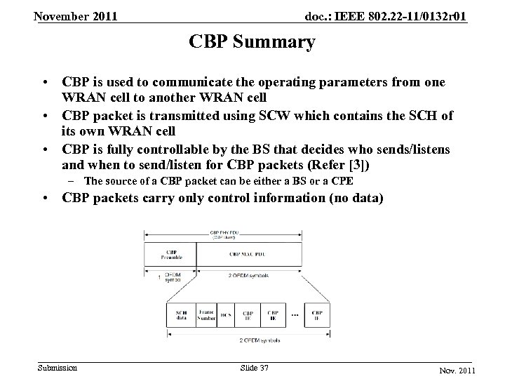 November 2011 doc. : IEEE 802. 22 -11/0132 r 01 CBP Summary • CBP