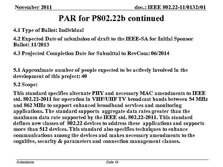 November 2011 doc. : IEEE 802. 22 -11/0132 r 01 PAR for P 802.