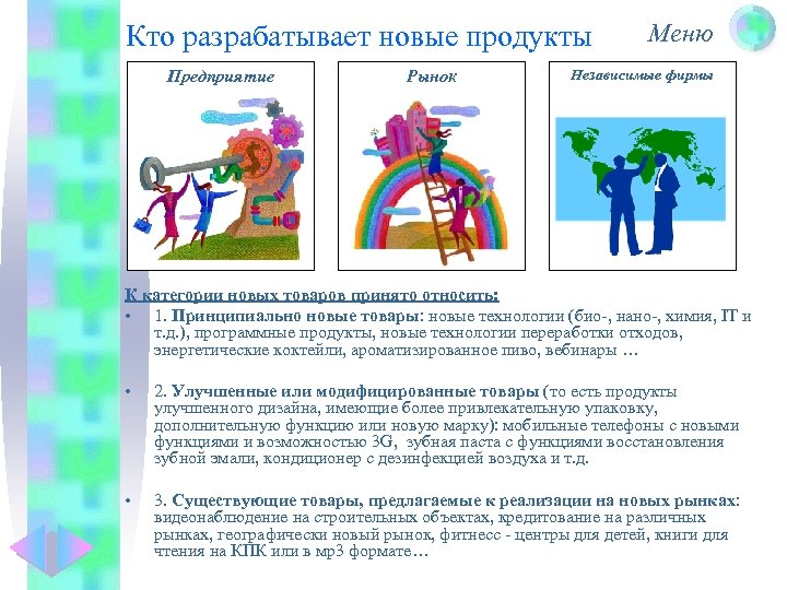 Кто разрабатывает новые продукты Предприятие Рынок Меню Независимые фирмы К категории новых товаров принято