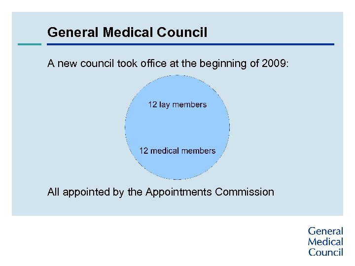 General Medical Council A new council took office at the beginning of 2009: All