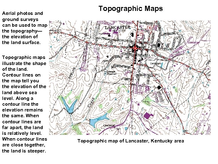 Aerial photos and ground surveys can be used to map the topography— the elevation