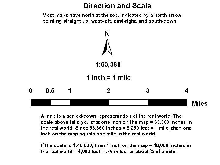 Direction and Scale Most maps have north at the top, indicated by a north