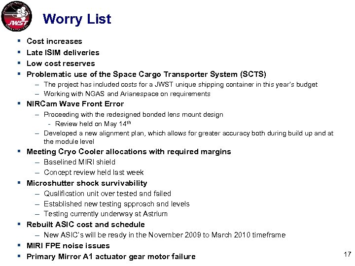Worry List § § Cost increases Late ISIM deliveries Low cost reserves Problematic use