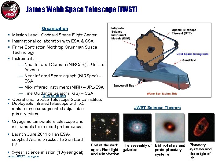 James Webb Space Telescope (JWST) § § § Organization Mission Lead: Goddard Space Flight
