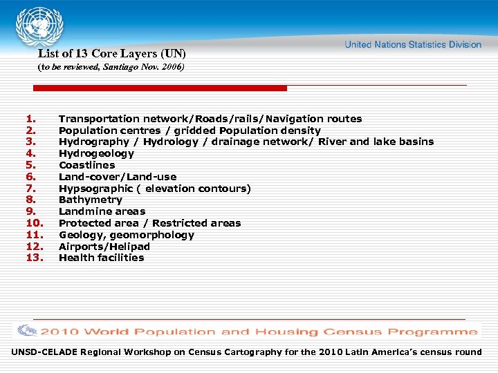 List of 13 Core Layers (UN) (to be reviewed, Santiago Nov. 2006) 1. 2.