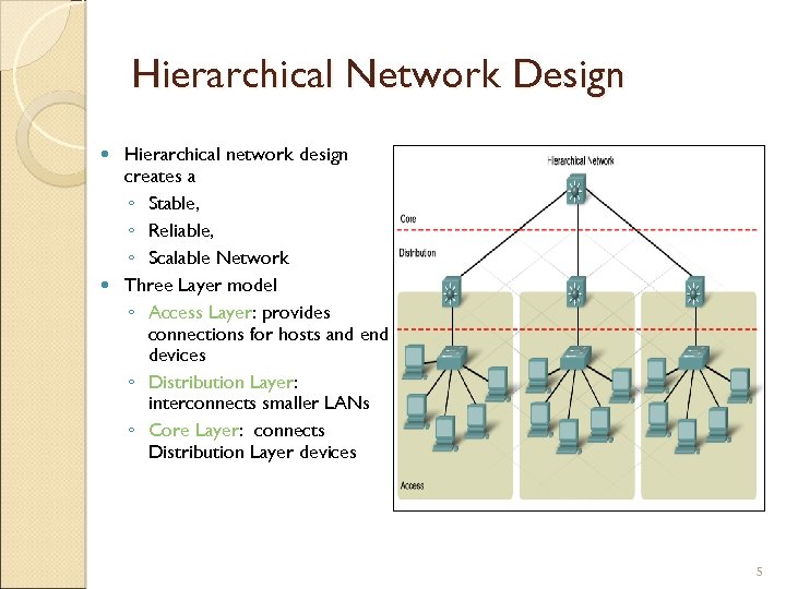 Hierarchical Network Design Hierarchical network design creates a ◦ Stable, ◦ Reliable, ◦ Scalable