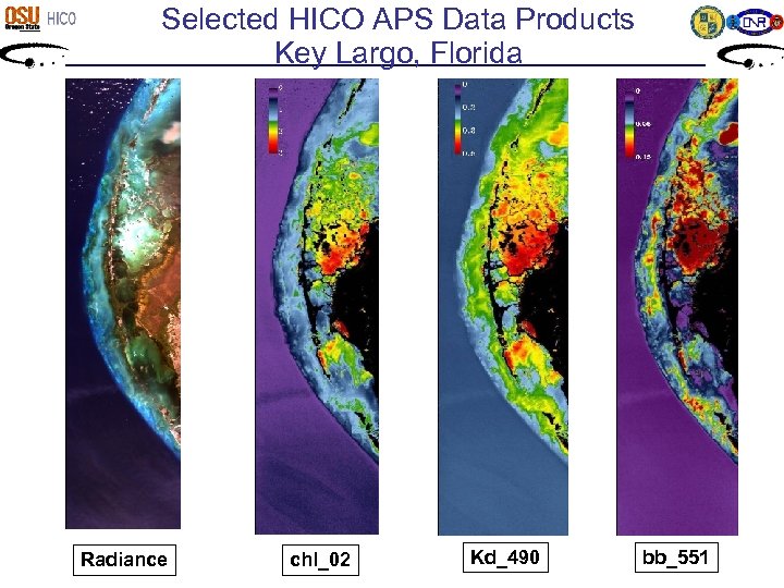 Selected HICO APS Data Products Key Largo, Florida Radiance chl_02 Kd_490 bb_551 