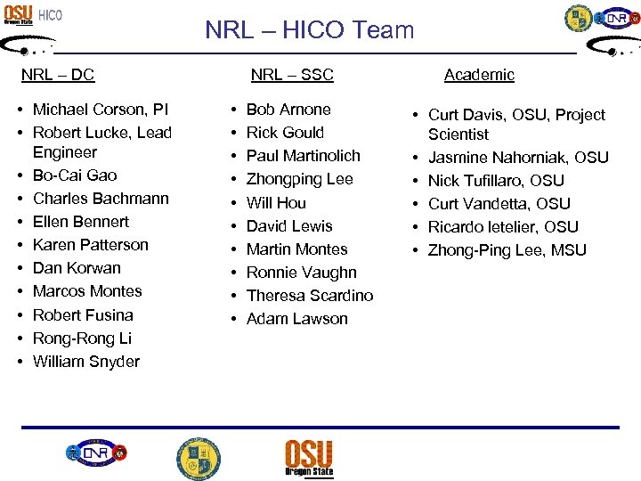 NRL – HICO Team NRL – DC • Michael Corson, PI • Robert Lucke,