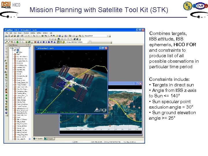 Mission Planning with Satellite Tool Kit (STK) Combines targets, ISS attitude, ISS ephemeris, HICO