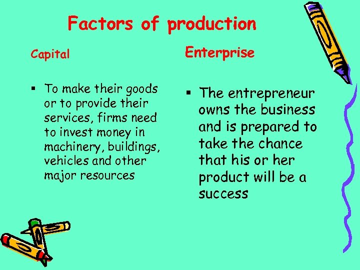 Factors of production Capital Enterprise § To make their goods or to provide their