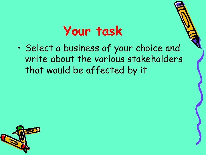Your task • Select a business of your choice and write about the various