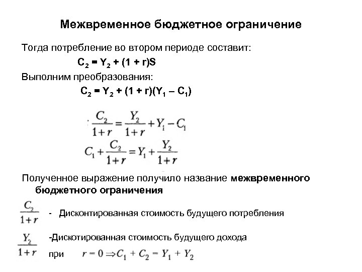 Межвременное бюджетное ограничение Тогда потребление во втором периоде составит: C 2 = Y 2