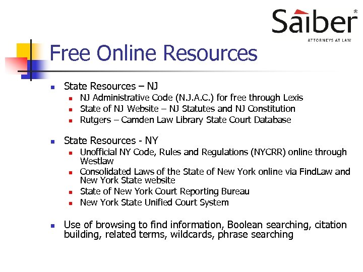 Free Online Resources n State Resources – NJ n n State Resources - NY