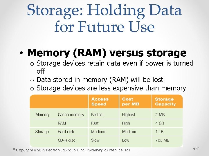 Storage: Holding Data for Future Use • Memory (RAM) versus storage o Storage devices