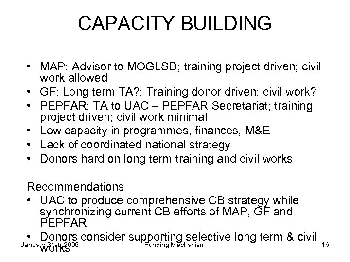 CAPACITY BUILDING • MAP: Advisor to MOGLSD; training project driven; civil work allowed •