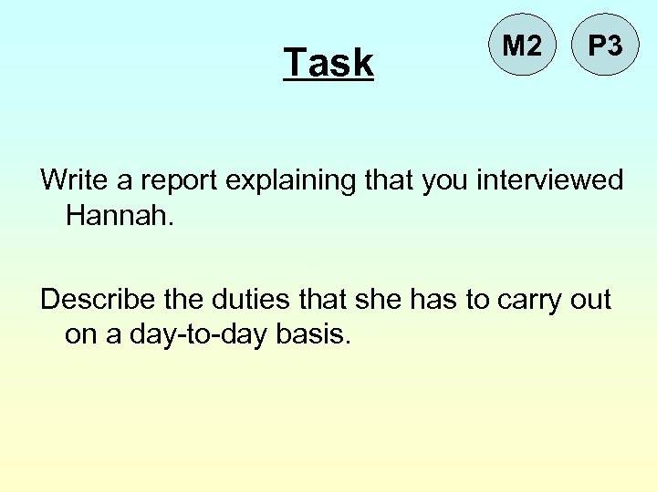 Task M 2 P 3 Write a report explaining that you interviewed Hannah. Describe