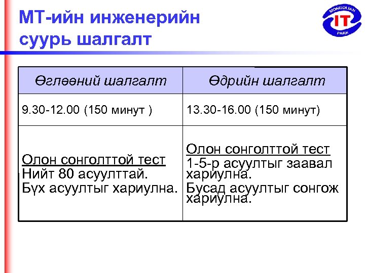 МТ-ийн инженерийн суурь шалгалт Өглөөний шалгалт 9. 30 -12. 00 (150 минут ) Өдрийн